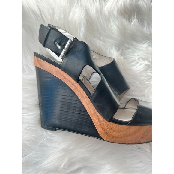 Michael Kors Josephine Wedge Heels Leather Shoes size 7.5 black and wood color - Picture 2 of 7